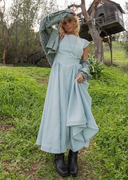 chic size inclusive model wearing JessaKae Diana Drop Waist Keyhole Back Dress - Light Blue Dresses