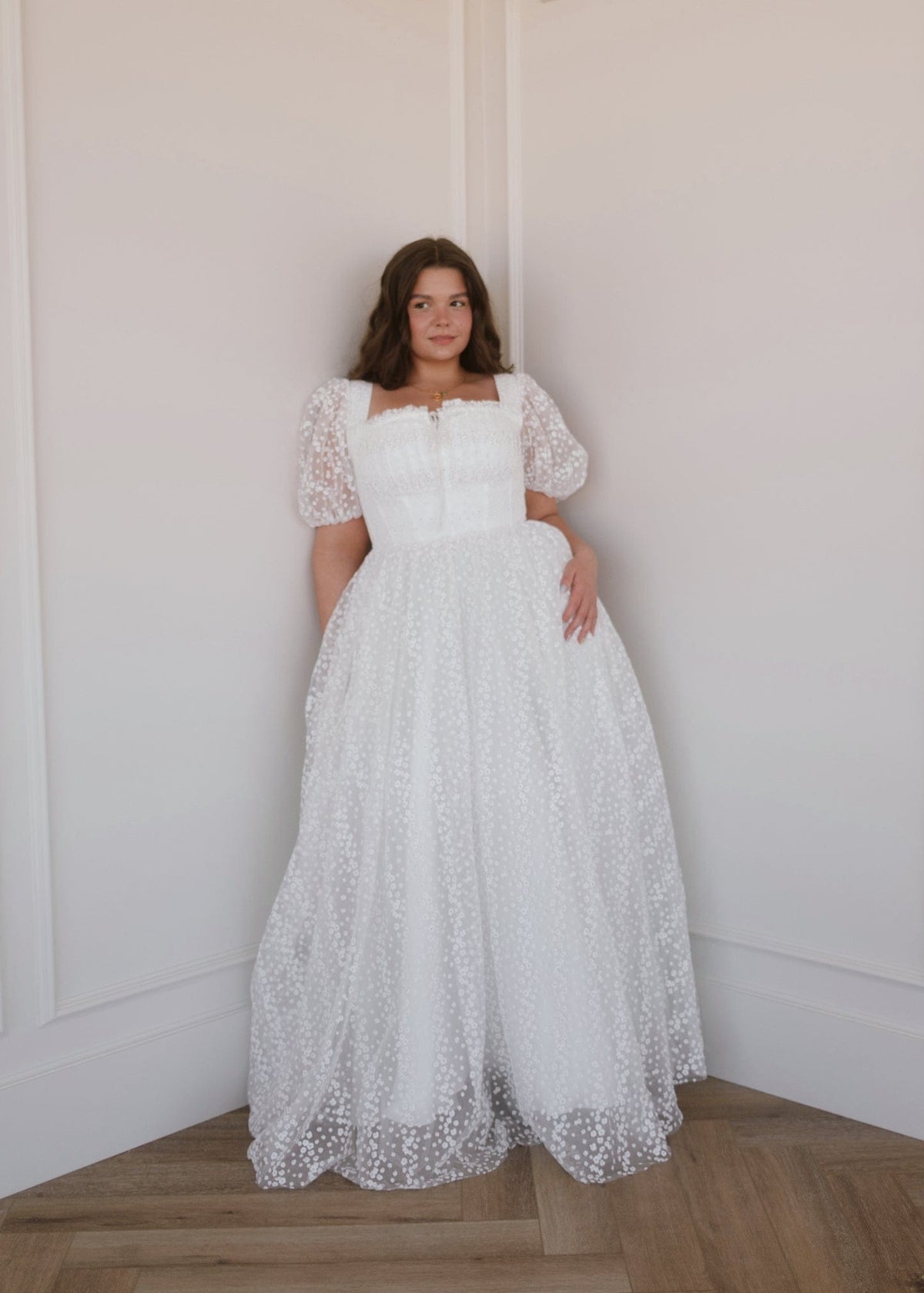 chic size inclusive model wearing JessaKae Everbloom Dress - Maxi White / 12