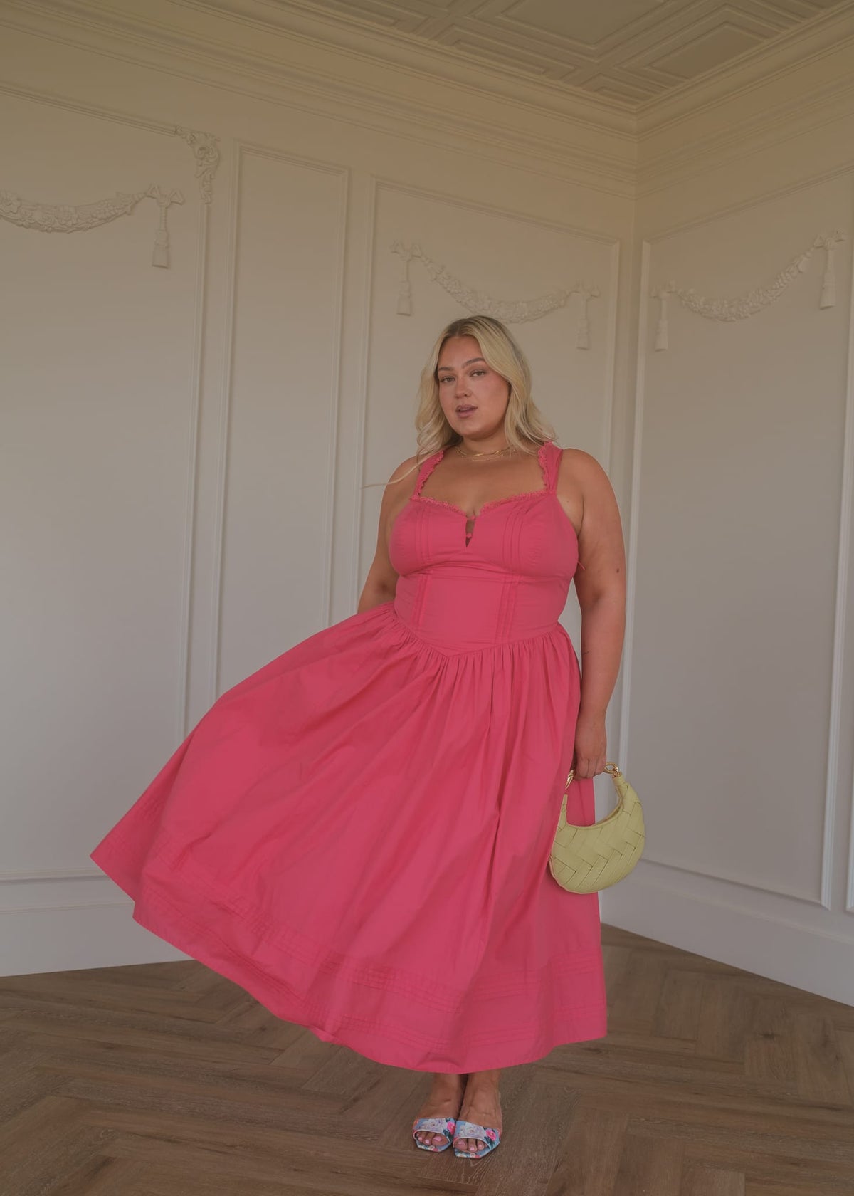 chic size inclusive model wearing JessaKae Lottie Basque Waist Midi Dress - Coral Dresses