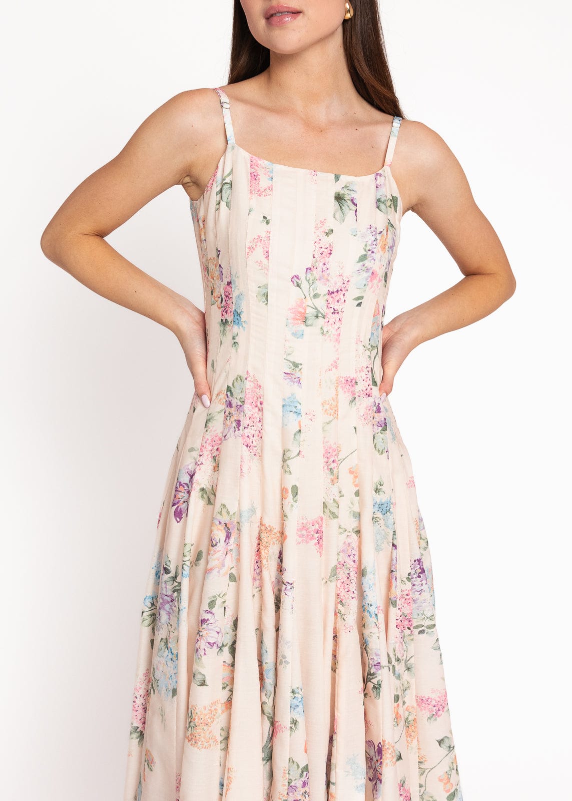 chic size inclusive model wearing JessaKae Monet Floral Seamed Maxi Dress