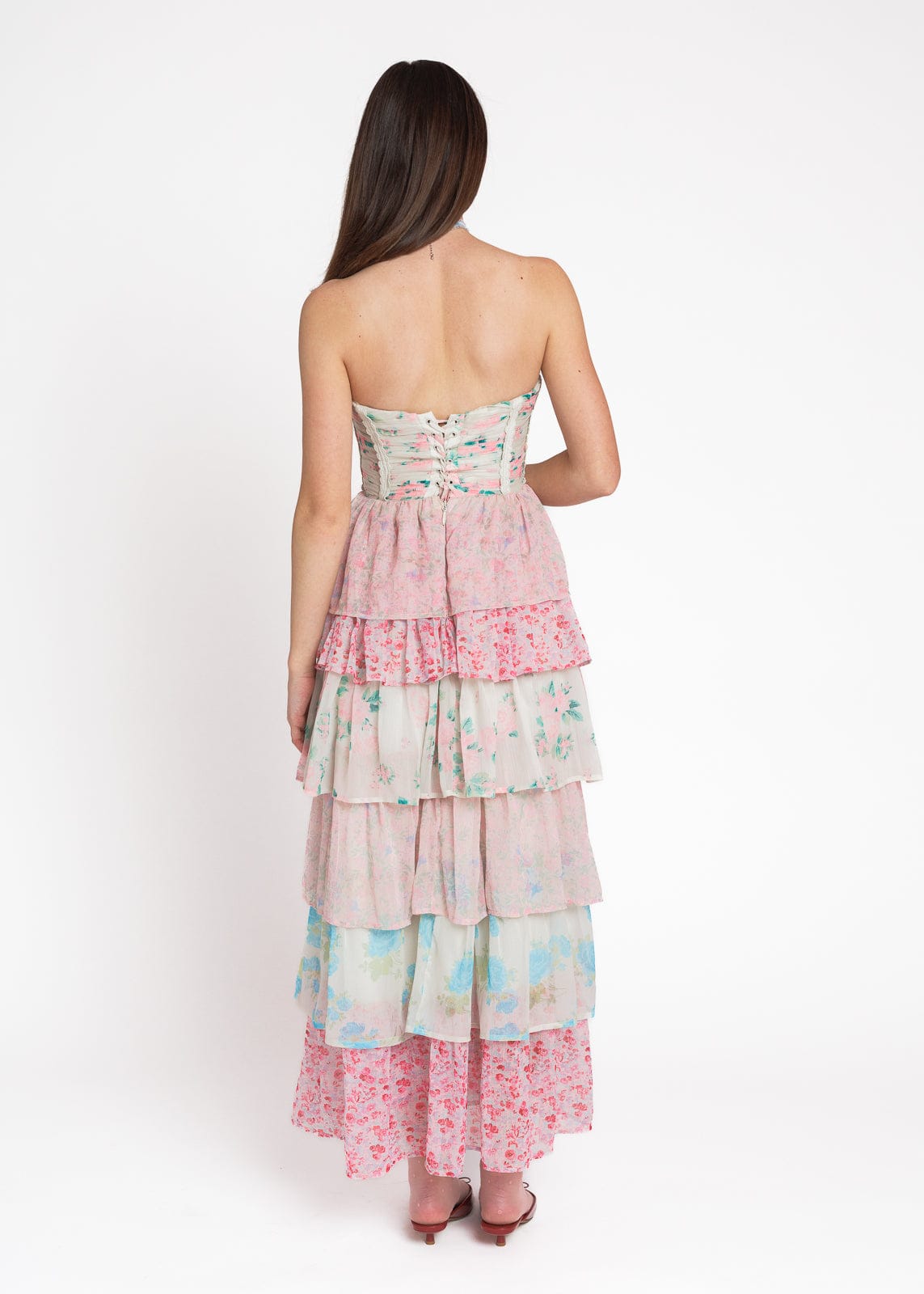 chic size inclusive model wearing JessaKae Rosemary Strapless Tiered Maxi Dress - Pink