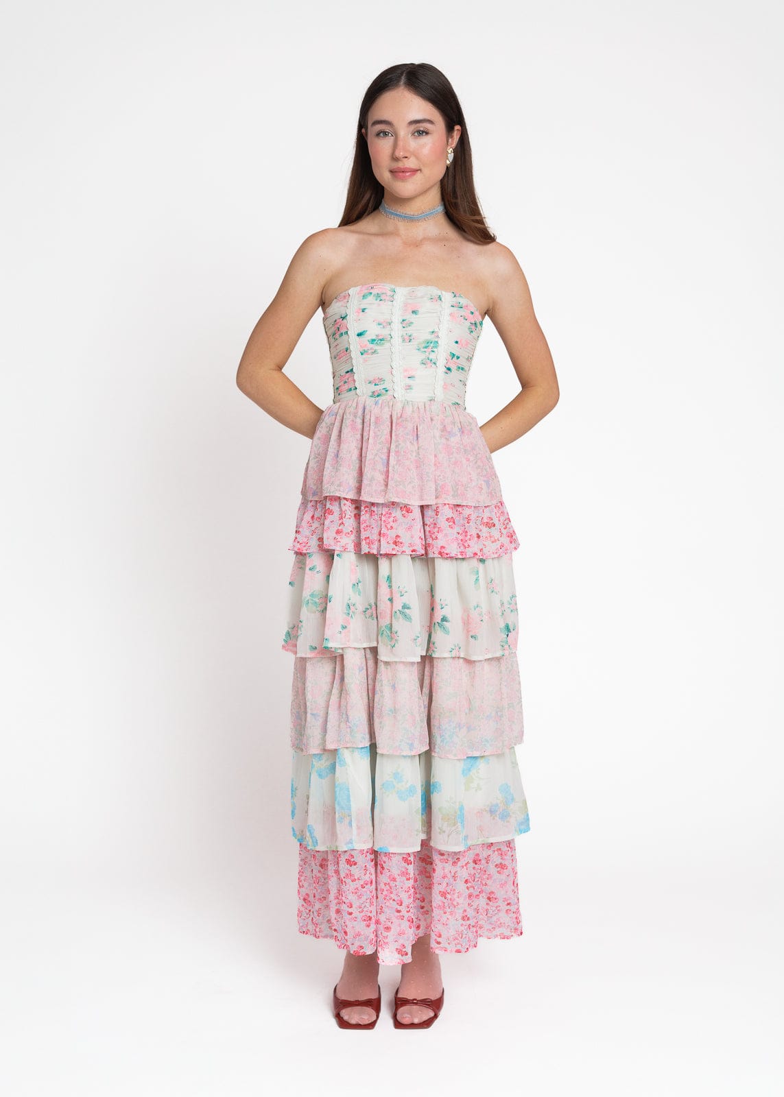 chic size inclusive model wearing JessaKae Rosemary Strapless Tiered Maxi Dress - Pink